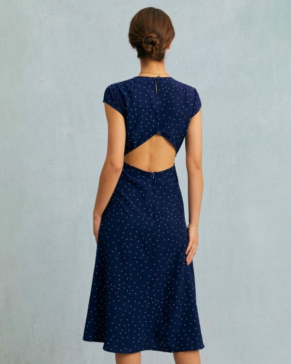 The Navy Round Neck Polka Dot Cutout Midi Dress - Image 6