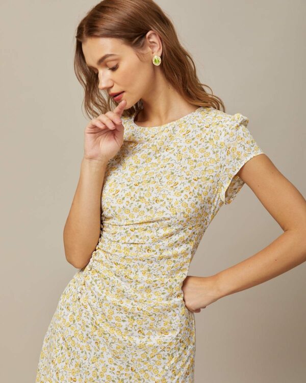 The Yellow Round Neck Floral Midi Dress - Image 2