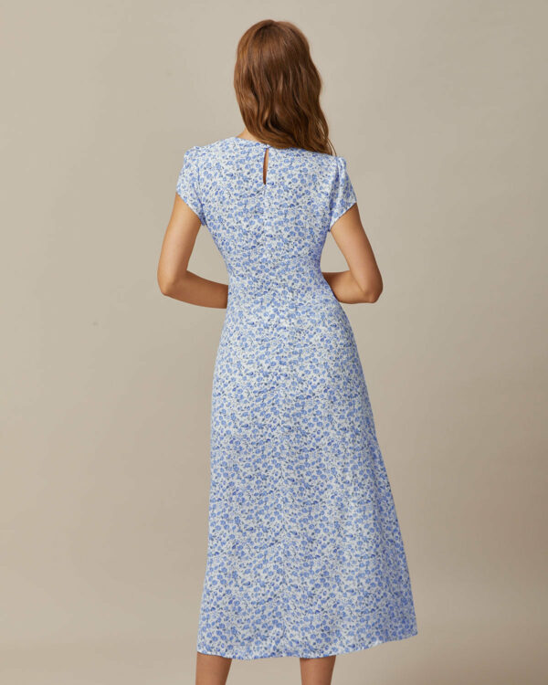 The Blue Round Neck Floral Slit Midi Dress - Image 4