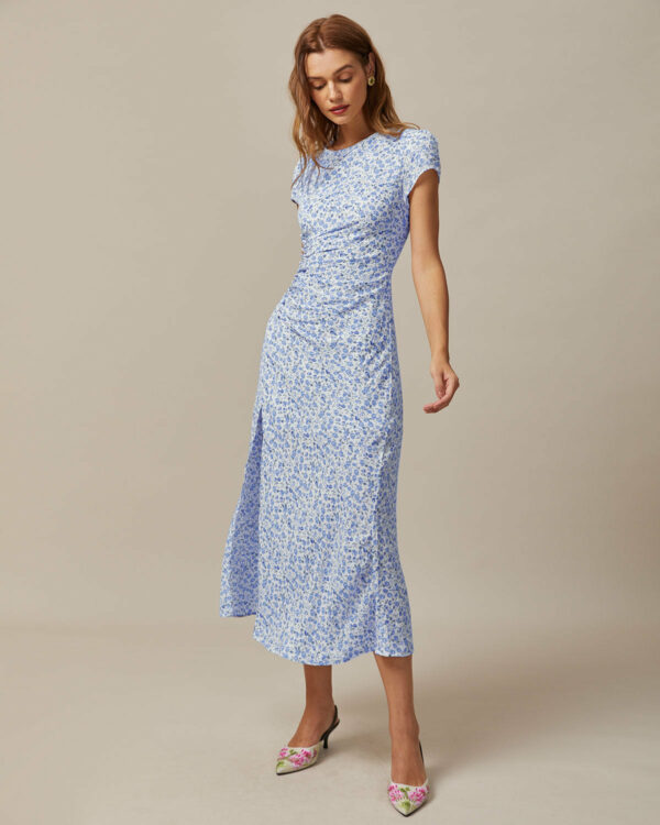 The Blue Round Neck Floral Slit Midi Dress - Image 3