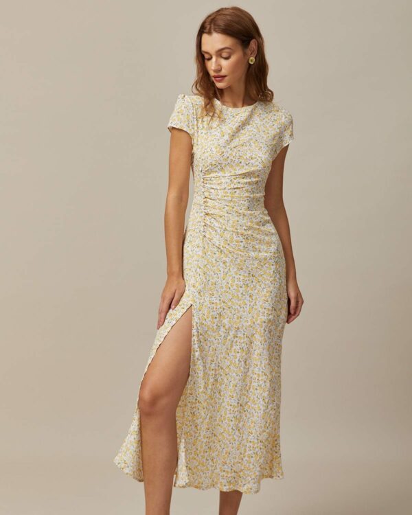 The Yellow Round Neck Floral Midi Dress - Image 4