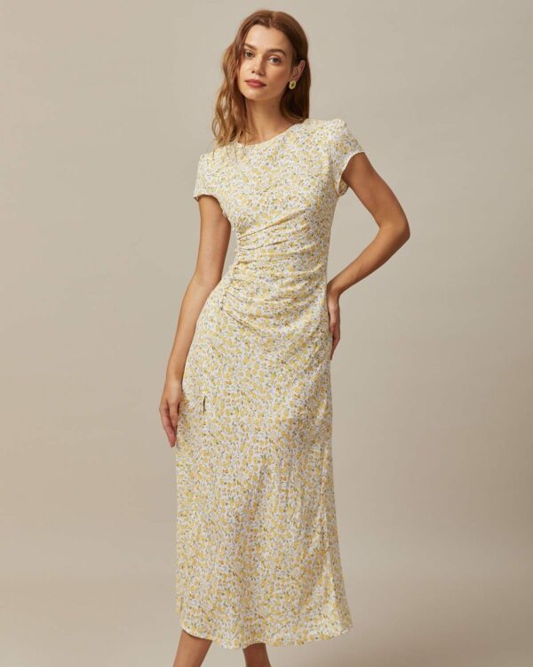 The Yellow Round Neck Floral Midi Dress