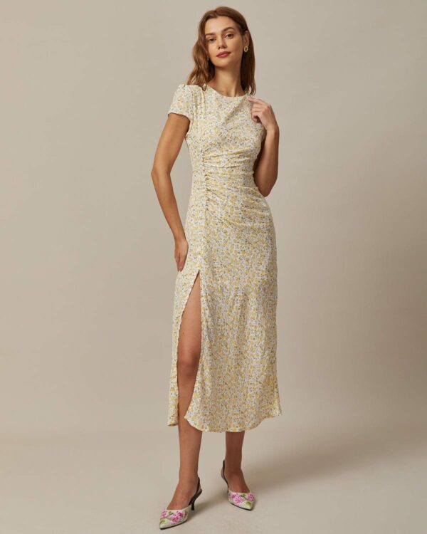 The Yellow Round Neck Floral Midi Dress - Image 3