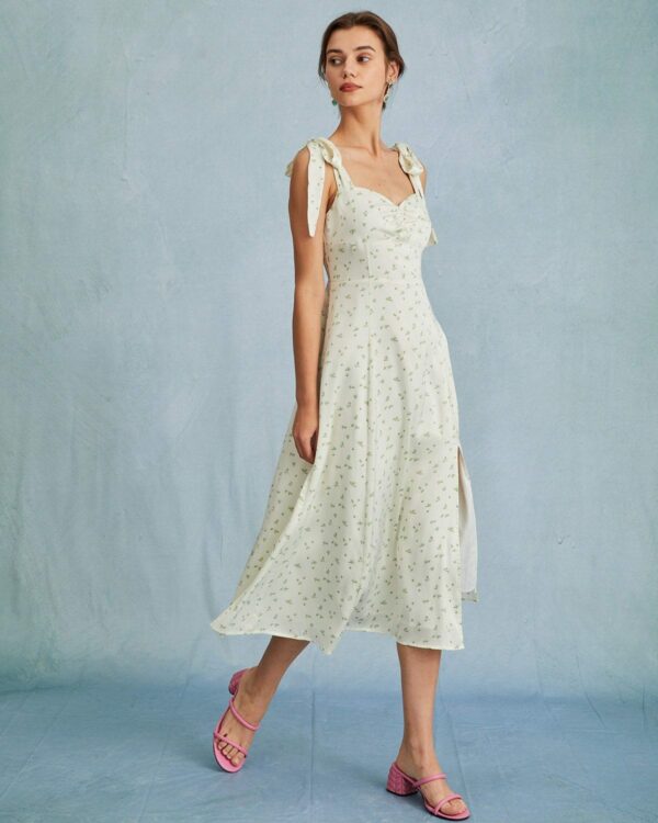 The Light Green Satin Floral Tie Strap Slit Midi Dress - Image 4
