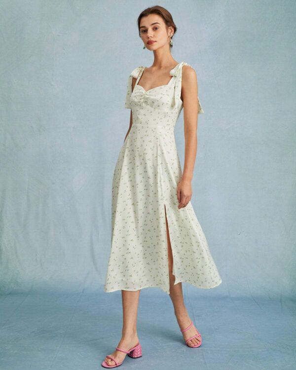 The Light Green Satin Floral Tie Strap Slit Midi Dress - Image 3