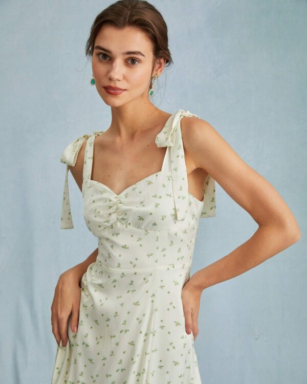 The Light Green Satin Floral Tie Strap Slit Midi Dress - Image 2