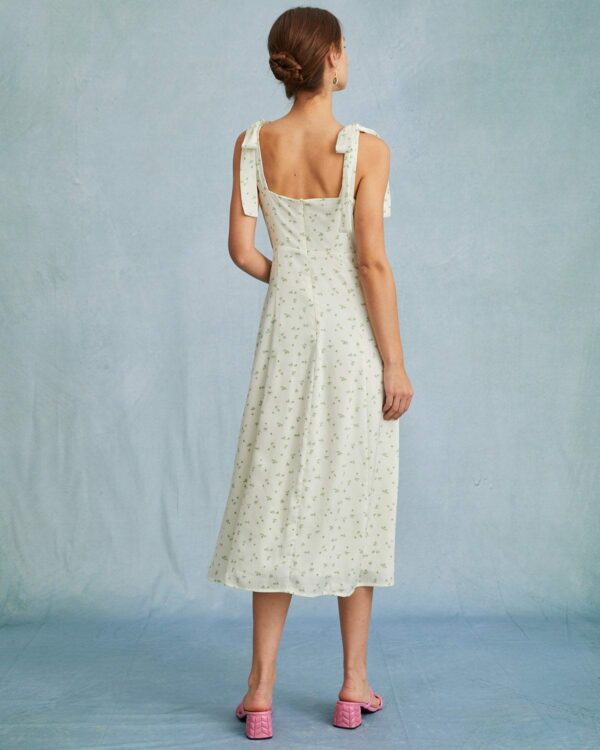 The Light Green Satin Floral Tie Strap Slit Midi Dress - Image 5