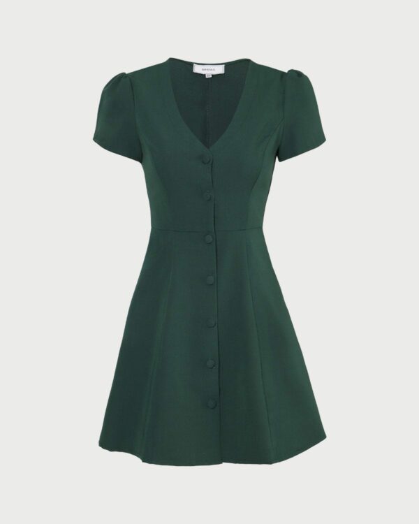 The Dark Green V Neck Button-up Shirt Mini Dress - Image 7