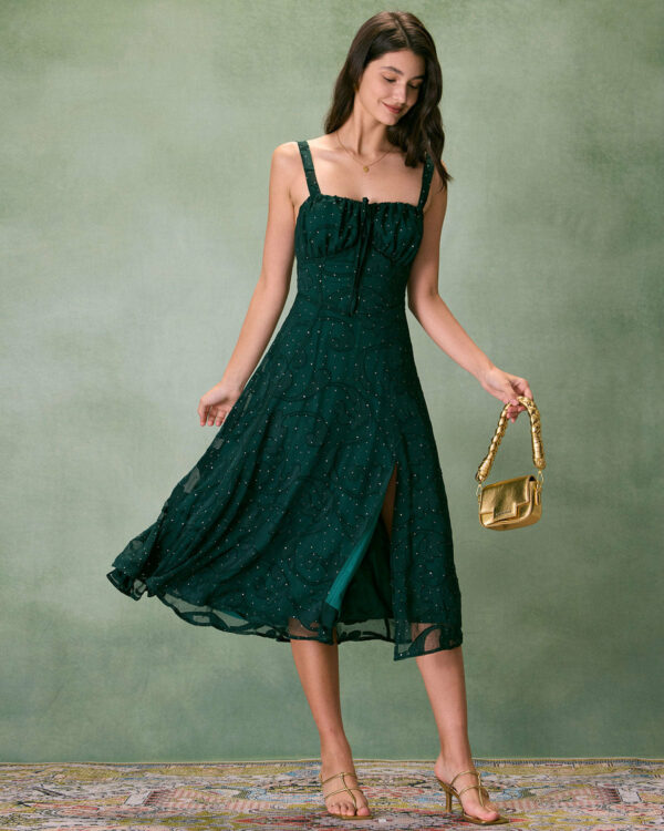 The Green Square Neck Jacquard Slit Midi Dress - Image 4