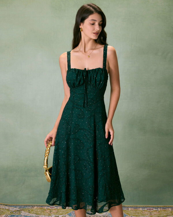 The Green Square Neck Jacquard Slit Midi Dress - Image 3
