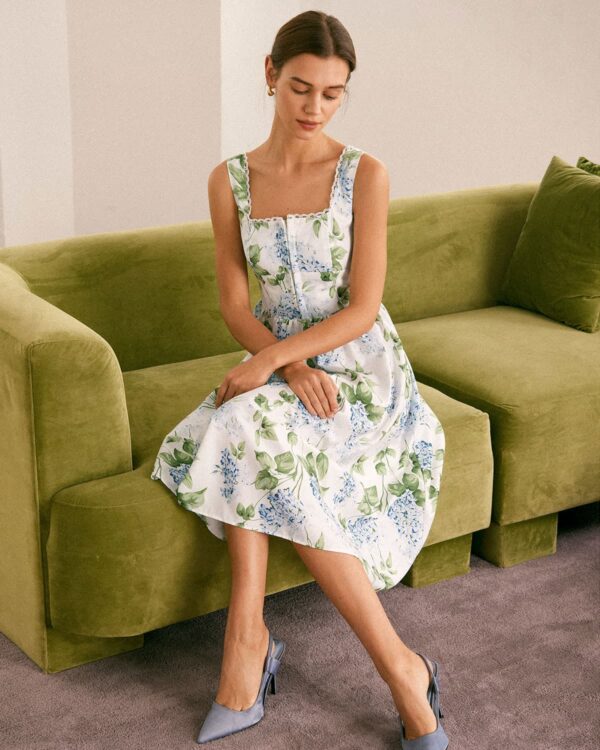 The White Square Neck Floral A-Line Midi Dress - Image 4