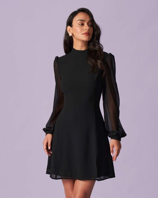 The Black Stand Collar Sheer Slit Mini Dress - Image 2