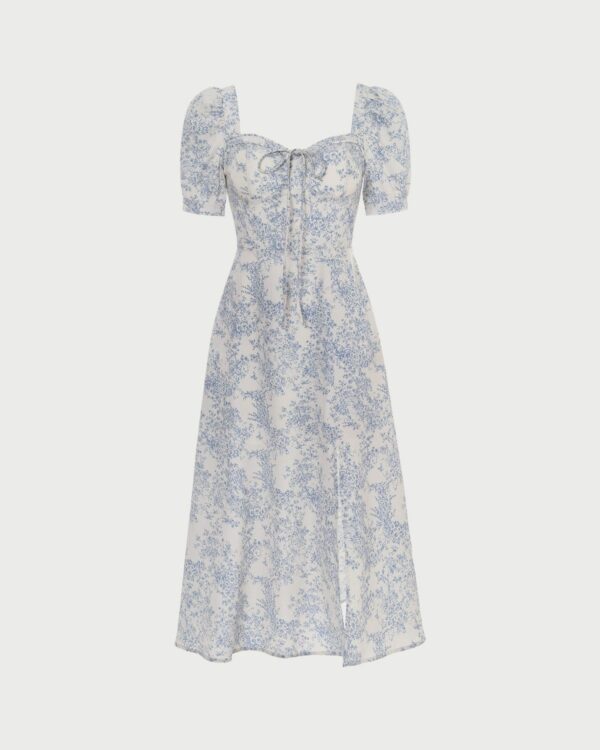The Blue Neck Puff Sleeve Floral Midi Dress - Image 6