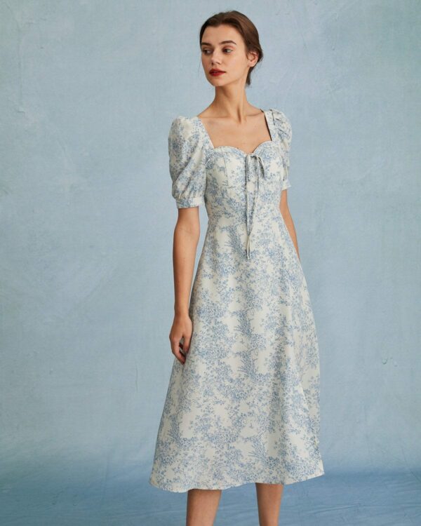The Blue Neck Puff Sleeve Floral Midi Dress