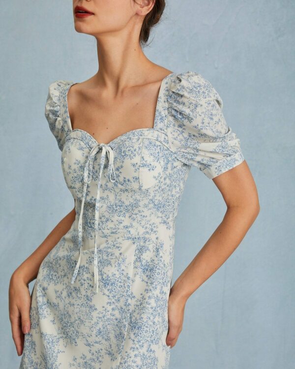 The Blue Neck Puff Sleeve Floral Midi Dress - Image 2