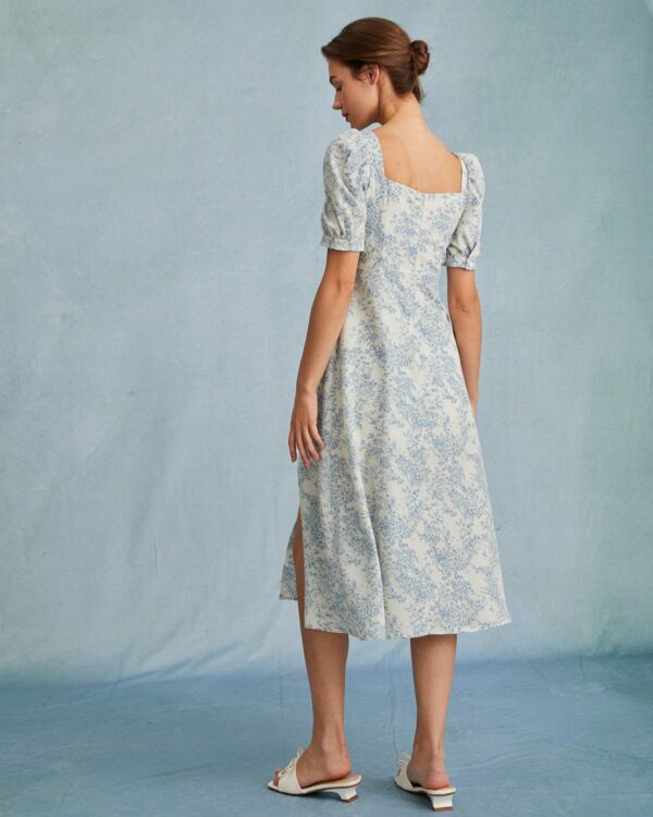 The Blue Neck Puff Sleeve Floral Midi Dress - Image 5