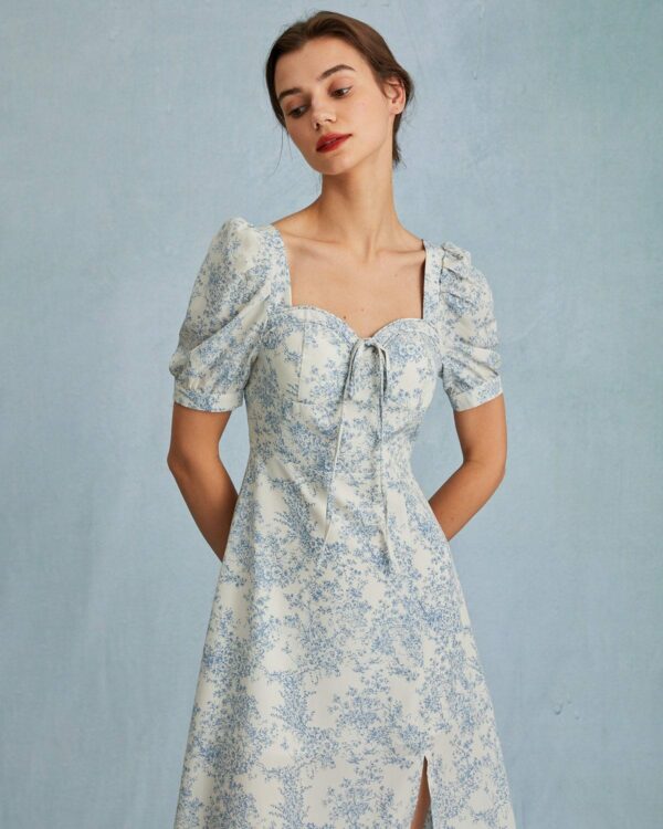 The Blue Neck Puff Sleeve Floral Midi Dress - Image 3