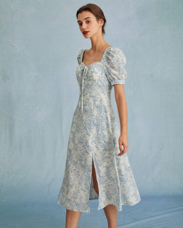 The Blue Neck Puff Sleeve Floral Midi Dress - Image 4