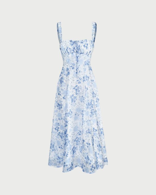 The Blue Square Neck Floral Ruched Midi Dress - Image 5