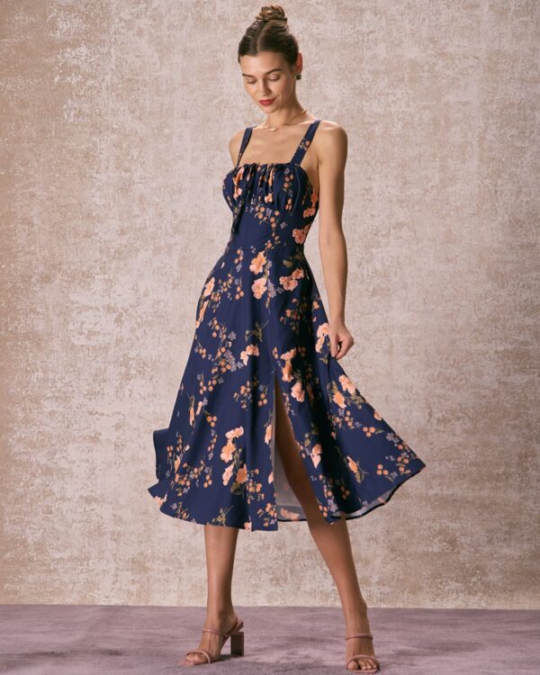 The Navy Lace Up Floral Ruched Midi Dress - Image 3