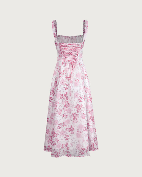 The Pink Square Neck Floral Ruched Midi Dress - Image 7