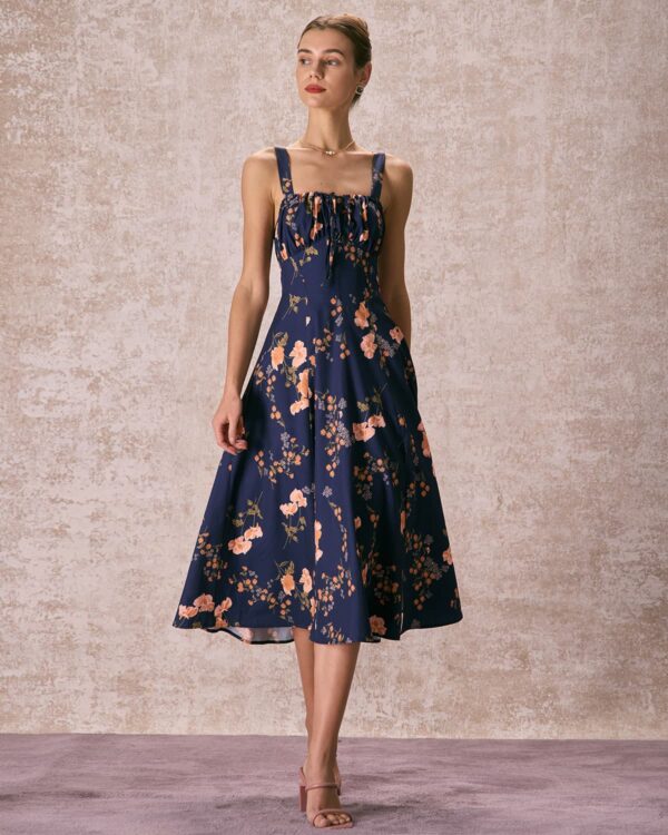 The Navy Lace Up Floral Ruched Midi Dress - Image 4