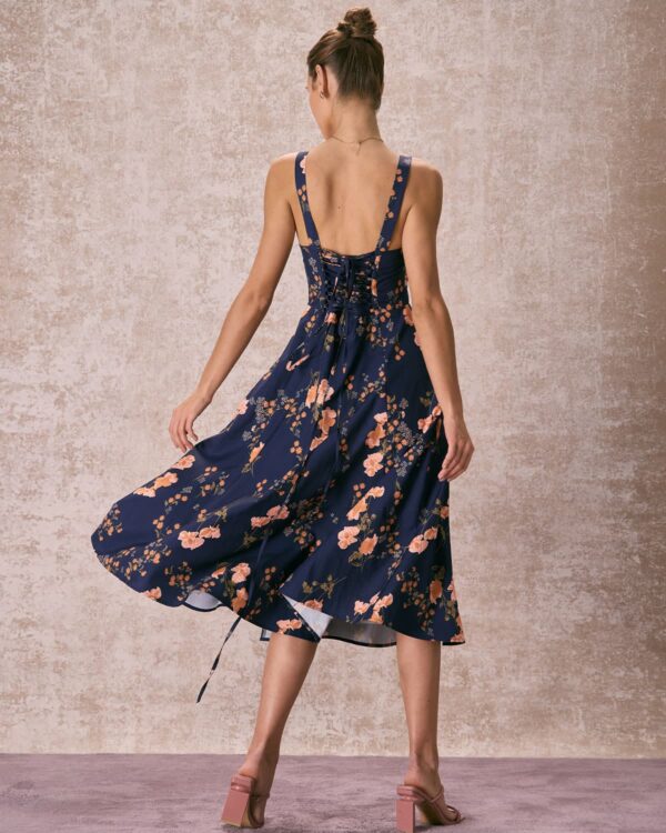 The Navy Lace Up Floral Ruched Midi Dress - Image 5