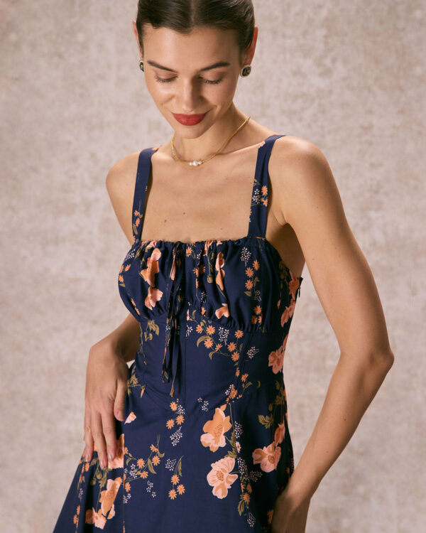The Navy Lace Up Floral Ruched Midi Dress - Image 2