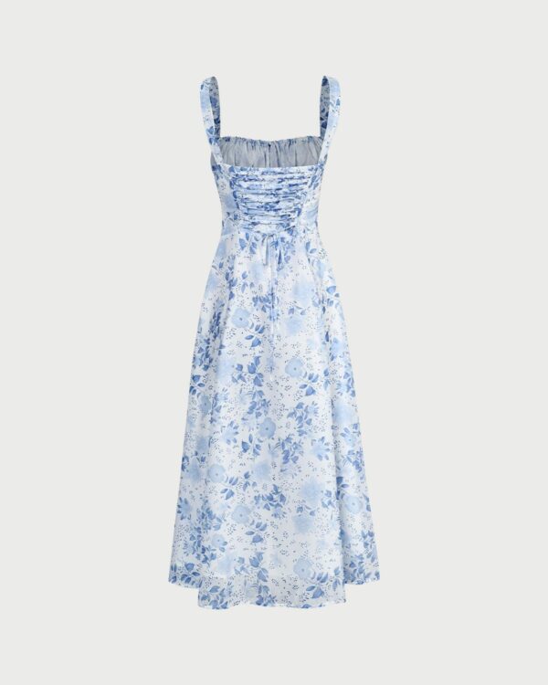 The Blue Square Neck Floral Ruched Midi Dress - Image 6