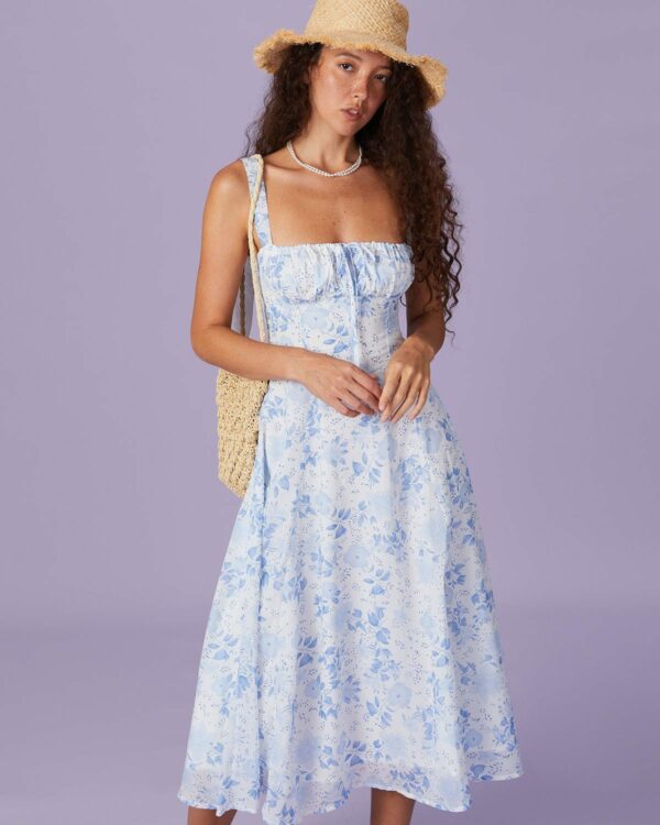 The Blue Square Neck Floral Ruched Midi Dress - Image 2