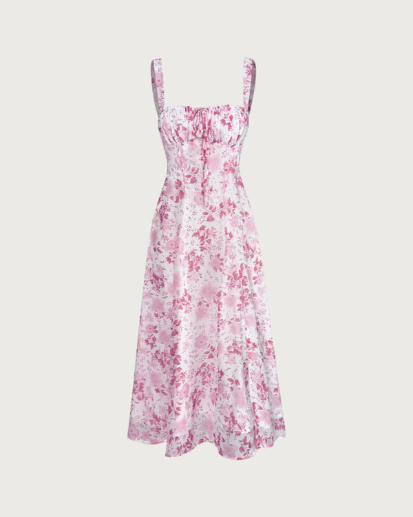 The Pink Square Neck Floral Ruched Midi Dress - Image 6