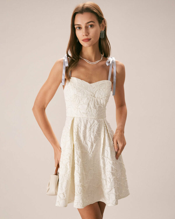 The Off White Jacquard Tie Strap Mini Dress - Image 4