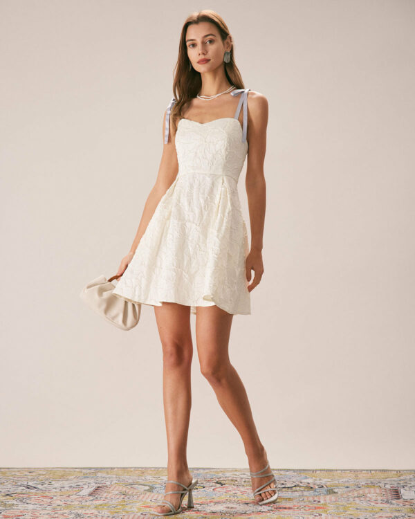 The Off White Jacquard Tie Strap Mini Dress - Image 3