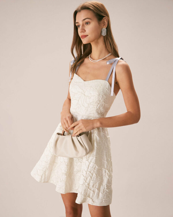 The Off White Jacquard Tie Strap Mini Dress - Image 5