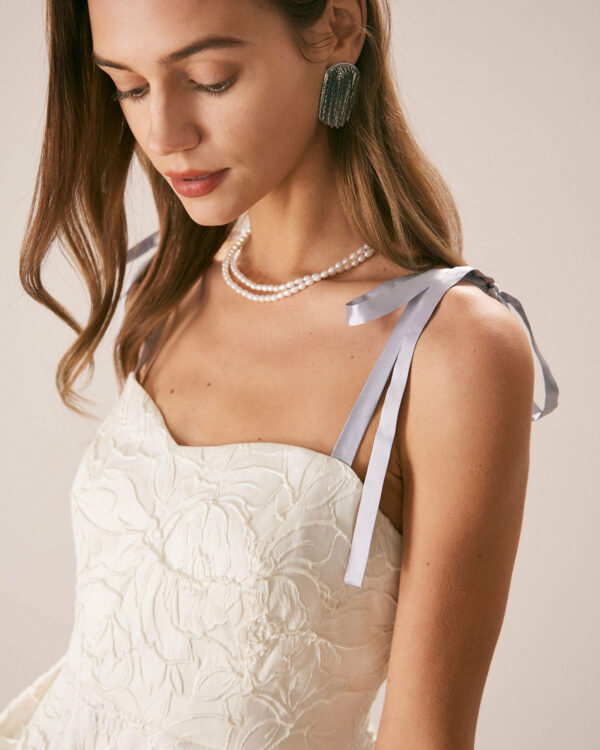 The Off White Jacquard Tie Strap Mini Dress - Image 2