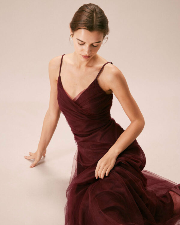 The Wine Red V Neck Mesh Wrap Maxi Dress - Image 2