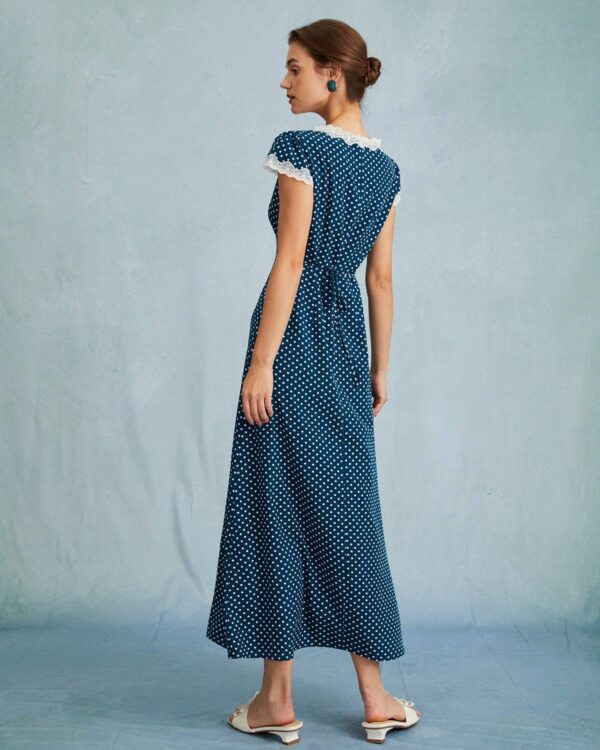 The Navy V Neck Polka Dot Lace Ruched Maxi Dress - Image 4