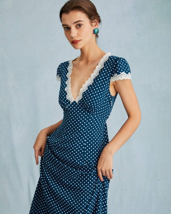 The Navy V Neck Polka Dot Lace Ruched Maxi Dress - Image 3