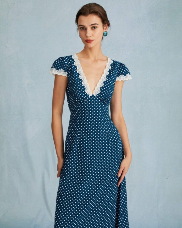 The Navy V Neck Polka Dot Lace Ruched Maxi Dress - Image 2