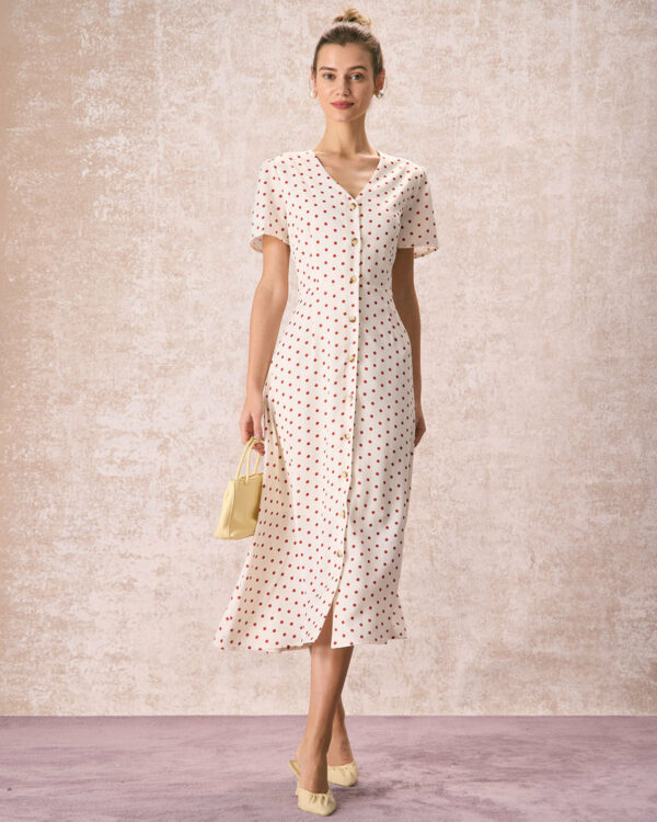 The Beige V Neck Polka Dot Button Midi Dress - Image 3