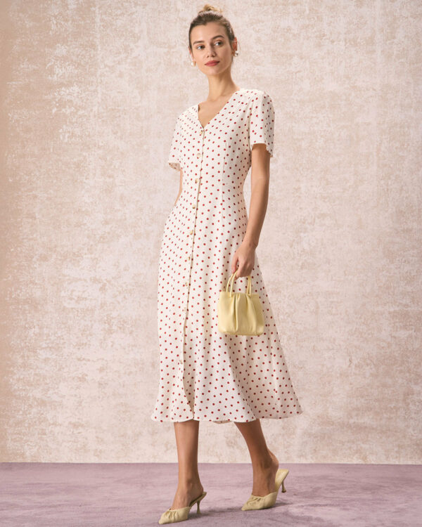 The Beige V Neck Polka Dot Button Midi Dress - Image 4