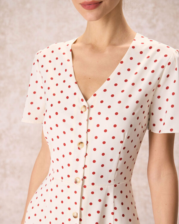 The Beige V Neck Polka Dot Button Midi Dress - Image 2