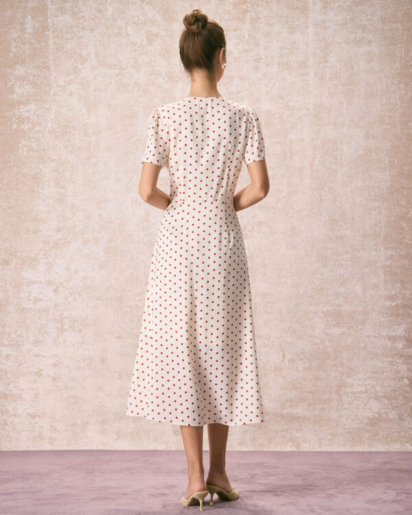 The Beige V Neck Polka Dot Button Midi Dress - Image 5