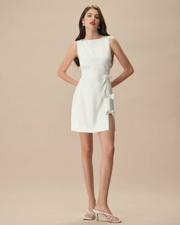 The White Boat Neck Bowknot Satin Mini Dress - Image 4