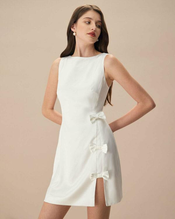 The White Boat Neck Bowknot Satin Mini Dress - Image 3