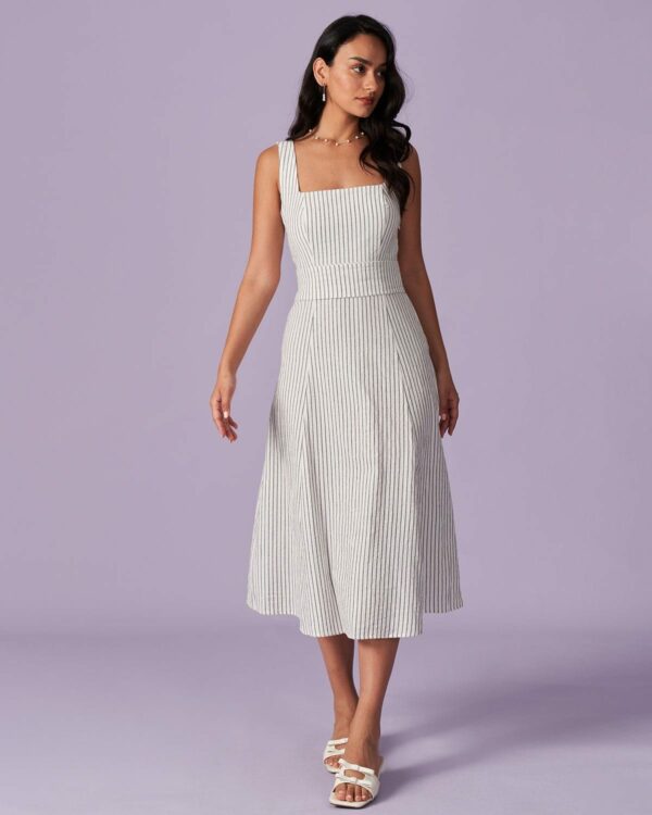 The White Square Neck Striped Midi Dress - Image 6