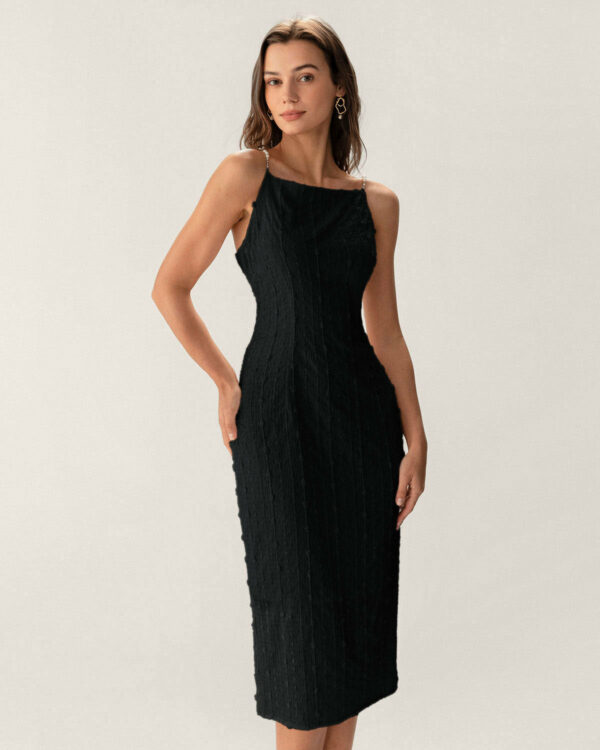 Black Textured Beaded Strap Midi Dress - Image 6