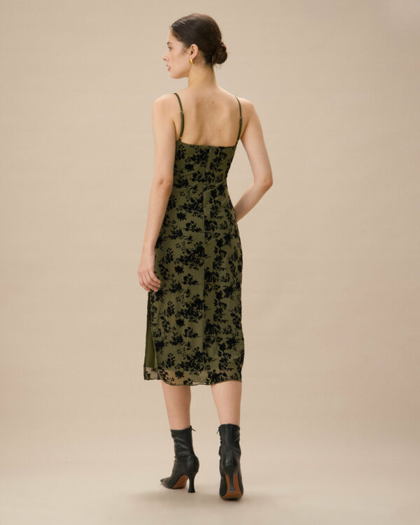 Green Jacquard Ruched Slit Midi Dress - Image 5