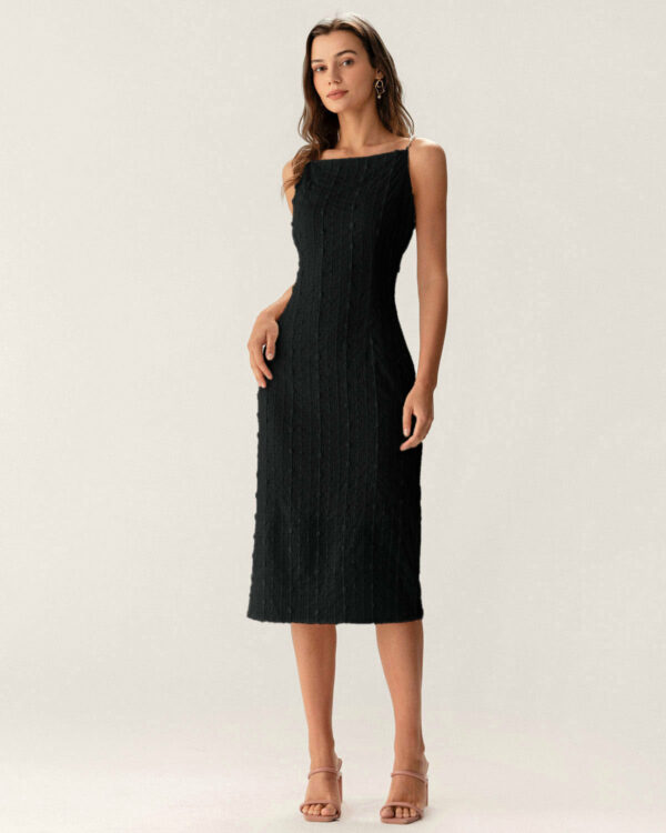 Black Textured Beaded Strap Midi Dress - Image 8