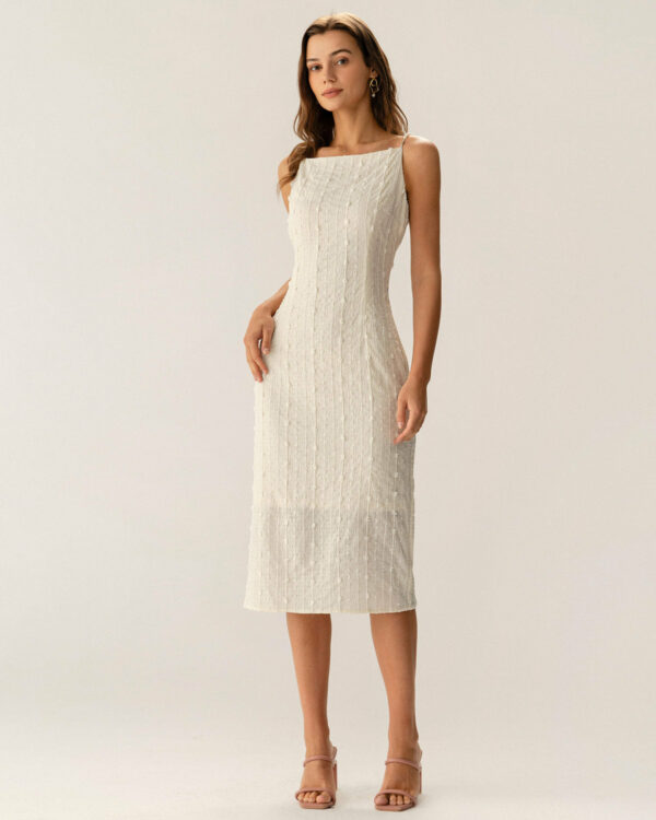 Beige Textured Beaded Slip Midi Dress - Image 3